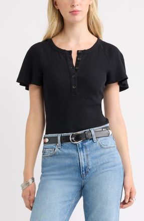 Treasure & Bond Flutter Sleeve Ribbed Henley in Black at Nordstrom, Size Xx-Large
