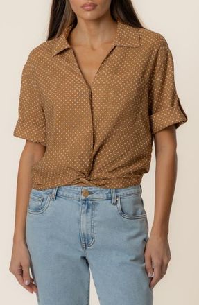 Kut from the Kloth Rebel Printed Knot Front Linen Blend Top in Dot Wood Ivory at Nordstrom, Size X-Small