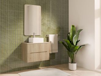 Vente-Unique Mobile bagno sospeso scanalato con lavabo da appoggio quadrato Naturale chiaro 80 cm - ORISO