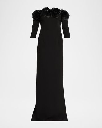Teri Jon Off-Shoulder Applique Column Gown