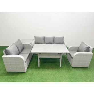 Fimous Patio pe Wicker 6 Seater Outdoor Rattan Furniture Sofa Sets with Rectangular Dining Table Reclining Chair Loveseat Sofa 3 Seater Sofa 2 Side Table