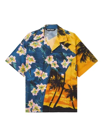 Palm Angels Camicia a maniche corte con stampa fiori e tramonto - Blu