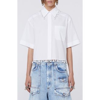 Sportmax Faux Pearl Embellished Boxy Cotton Poplin Button-Up Shirt in Optical White at Nordstrom, Size 10