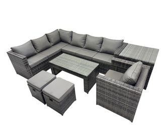 Fimous 7 Pieces Garden Furniture Corner Sofa Set & 2 Small Stools Side Table in Dark Grey