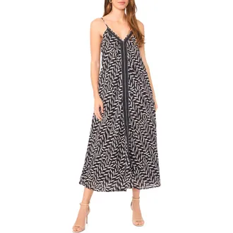 Halogen Leaf Print Contrast Detail Shift Dress in Rich Black at Nordstrom Rack, Size X-Large