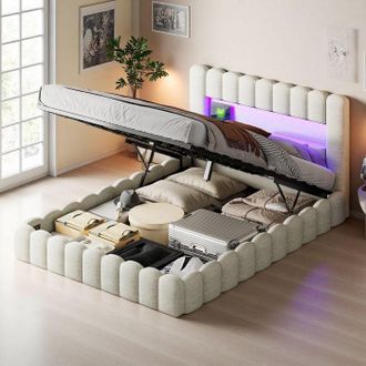 OEM Cama Hidr&aacute;ulica 160x200 Cm - Cama Cofre Adulto Con Almacenamiento Y Estante, Carga Usb Y Led Rgb - Tela De Lino Beige Dise&ntilde;o Moderno Y Lujo