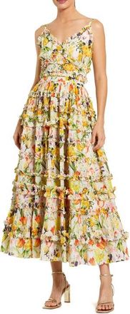 Mac Duggal Floral Print Ruffle Tiered Midi Dress in Yellow Multi at Nordstrom, Size 14