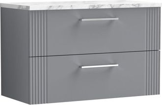Balterley Partial Fluted 2 Drawer Wall Hung Vanity Unit with Carrera Marble Laminate Worktop - 800mm - Satin Grey