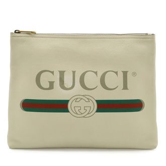 Gucci Green Ivory Red Color White Leather Clutch Bag Pouch (Pre-Owned)