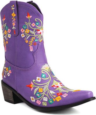 Generic Womens Mid-Calf Cowboy Boots with Embroidery Details, Wide Shaft Pull-On Design for Country Style,Purple,6.5 UK