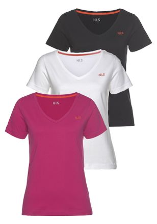 H.I.S T-Shirt H.I.S Essential-Basics, Damen, Gr. 40/42, pink (schwarz, pink, wei&szlig;), Obermaterial: 100% Baumwolle, bestickt, Basic, figurumspielend h&uuml;ftlang,