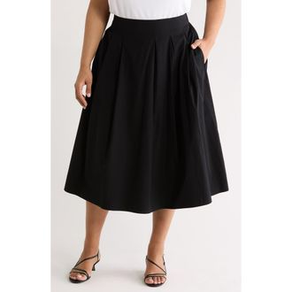 Nordstrom Pleated Cotton Poplin Midi Skirt in Black at Nordstrom, Size 2X