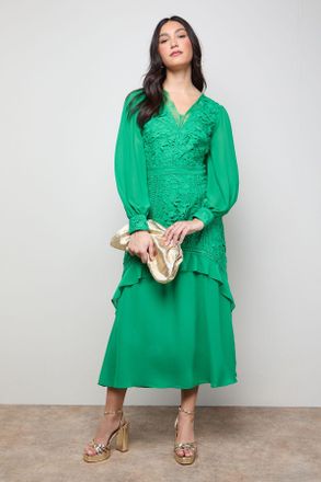 Oasis Womens Lace Puff Sleeve V Neck Midaxi Dress - Green - Size 14 UK