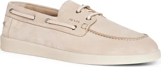 Prada Mens Boat Shoes Desert Suede Beige Calf Leather Lace-Up Flat