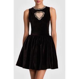Alice & Olivia Ella Crystal Embellished Illusion Heart Cutout Velvet Minidress in Black at Nordstrom Rack, Size 8