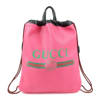 Gucci Logo Drawstring Printed Leather Pink Leather Backpack Bag (Pre-Owned)