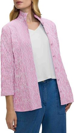 Foxcroft Carolina Stripe Crinkle Jacquard Button-Up Shirt in Pink/White at Nordstrom, Size X-Small