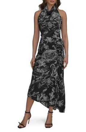 DKNY Floral Asymmetric Hem Maxi Dress in Black/Cream at Nordstrom Rack, Size 12
