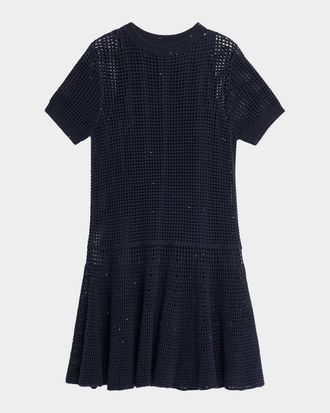 Brunello Cucinelli Pailette Open Knit Drop-Waist Short-Sleeve Mini Dress