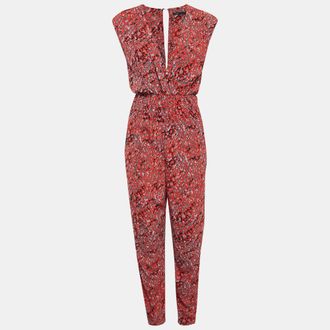 Maje Red Printed Crepe Smocked Detail Jumpsuit