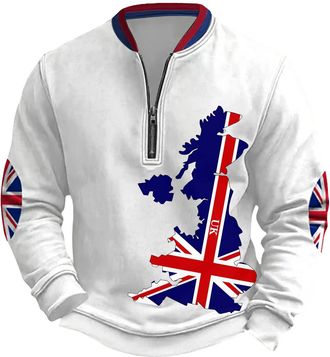 Generic Mens Union Jack Sweatshirt Long Sleeve Half Zip Jumpers Bunting Flags Print Great Britain Pullover Winter Warm Tops Plus Size (B1-White, M)