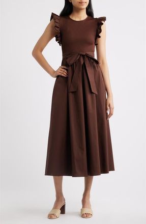 Anne Klein Ruffle Mixed Media Midi Dress in Dark Chocolate at Nordstrom, Size Xx-Small