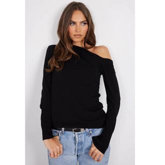 Monrow Tee Womens Black Cotton Off-the-Shoulder Long Sleeve JDM2671