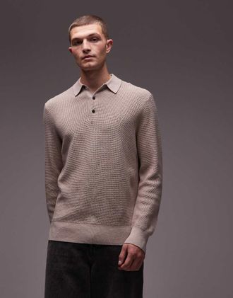AllSaints Polo beige in maglia a nido dape-Grigio