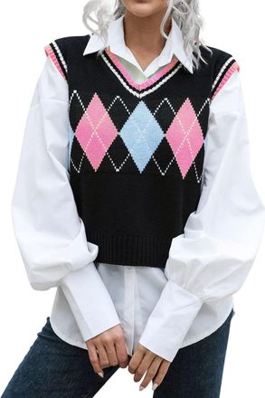 Generic Womens Gilet Knitted Sweaters Tops Womens Knitted Vest Sleeveless V Neck Plaid Knit Sweater Vest Crop Tank for Daily Life Indoor Workout (Pink, M)