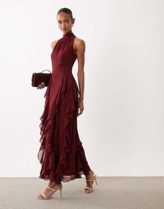 Lace & Beads Vestito lungo accollato bordeaux con schiena scoperta e volant-Rosso
