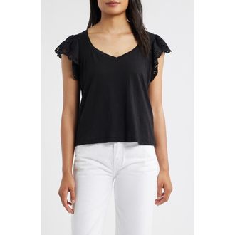 Wit & Wisdom Eyelet Flutter Sleeve Jersey T-Shirt in Black/Black at Nordstrom Rack, Size X-Small
