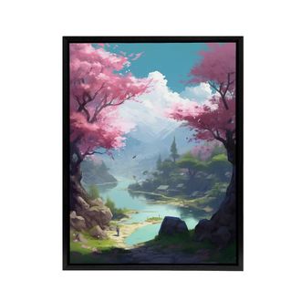 Artery8 Cherry Blossoms In Forest Lake Landscape Framed Canvas Wall Art Print in Blue | Size: W24 x H32