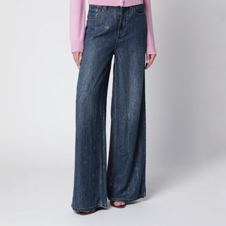 Self Portrait Jeans a vita alta con strisce di strass in denim blu