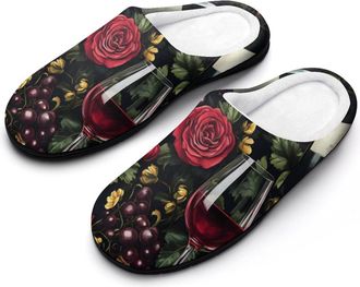 Generic Wine Bottle Grapes Dark Rose Cotton Womens Slip-on Slippers Winter Warm House Shoes with Rubber Sole for Home Office Hotel