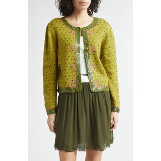Bode Fairyfloss Beaded Wool & Cashmere Cardigan in Green at Nordstrom, Size Medium