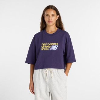New Balance Donna Athletics Premium Chest Logo Cropped T-Shirt in Viola, Cotone, Taglia XL