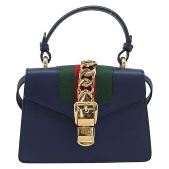 Gucci Sylvie Top Handle Leather Navy Leather Handbag (Pre-Owned)