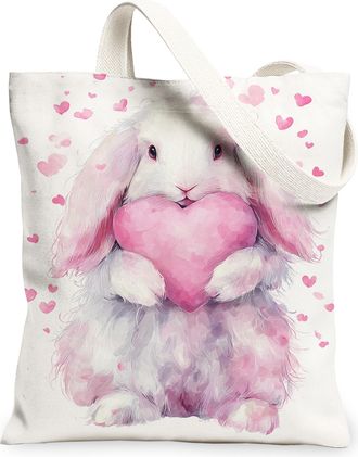 Generic ValentineS Bunny Canvas Tote Bags, Cute Rabbit Heart Pattern Reusable Bags, Spring Artistic Lightweight Washable Shoulder, White, 13x15 Inch