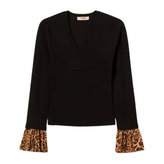 Twinset Dierenprint Sweater Set Lange Mouw - Dames - V-hals truien - Zwart - M - Polyester - Truien & Vesten