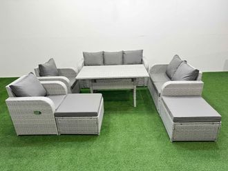 Fimous PE Rattan Garden Furniture Set Reclining Chair Sofa Double Love Seat 2 Seater Sofa Lounge Set Rectangular Dining Table 2 Big Footstool Light