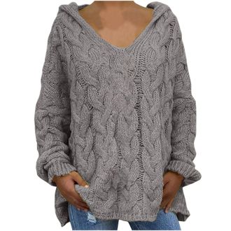 Generic V Neck Jumpers for Women UK, Plus Size Hooded Knitted Jumpers Oversized Hoodie Autumn Winter Warm Sweater Tops Casual Loose Pullover Cable Knit Tunic 