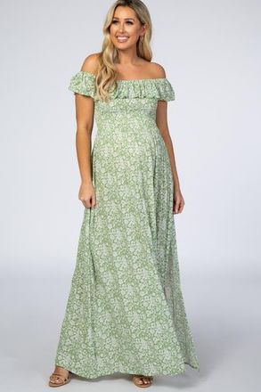 Pinkblush Floral Ruffle Off Shoulder Maxi Dress in Light Olive at Nordstrom, Size Medium