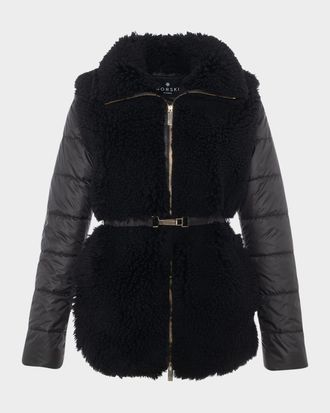 Gorski Belted Curly Lamb Shearling Jacket with Quilted Sleeves & Back