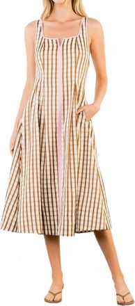 THML Clothing Gingham Midi Dress In Brown/ Pink