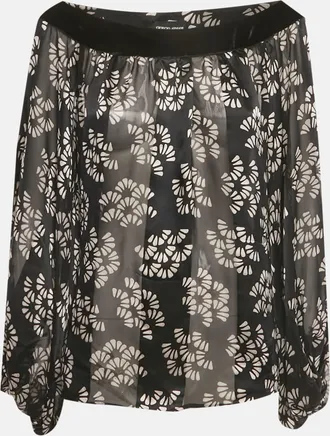 Armani Giorgio Armani Black Printed Silk & Velvet Trim Top
