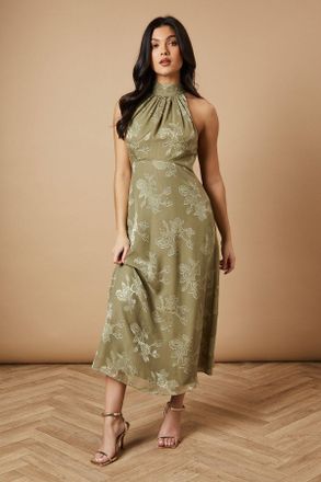 Oasis Womens Plain Satin Burnout Halterneck Midi Dress - Green - Size 12 UK