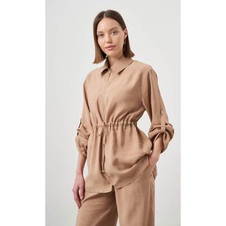 Mizalle Cinched Waist Shirt Jacket in Beige at Nordstrom, Size Medium