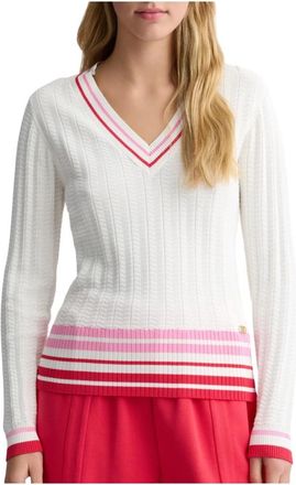 Liu Jo Stijlvolle Sweater in Milk/Red Candy - Dames - V-hals truien - Wit - S - Truien & Vesten
