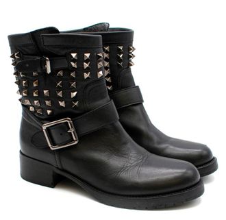 Valentino Garavani Valentino Black Leather Rockstud Biker Boot Size 37