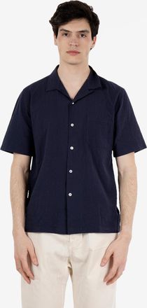 Universal Works Road shirt seersucker shirting navy